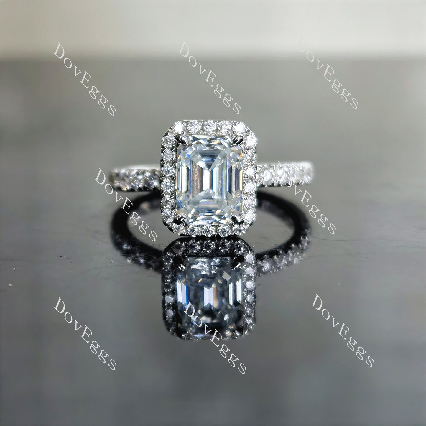 Doveggs 2ct emerald center 3.17cttw light blue halo pave silver moissanite bridal set