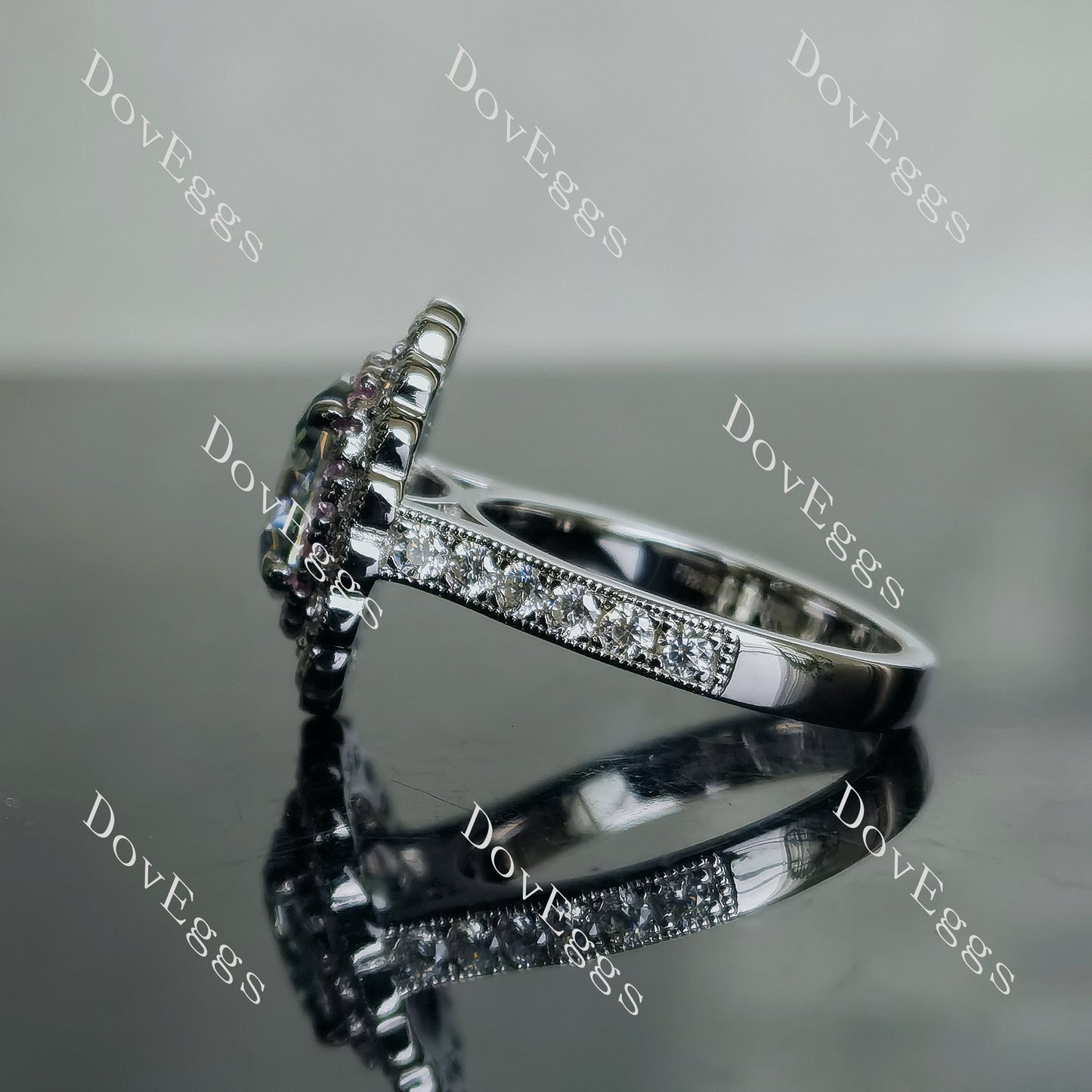 DovEggs 2ct oval 3.35cttw double halo peacock blue moissanite Engagement Ring