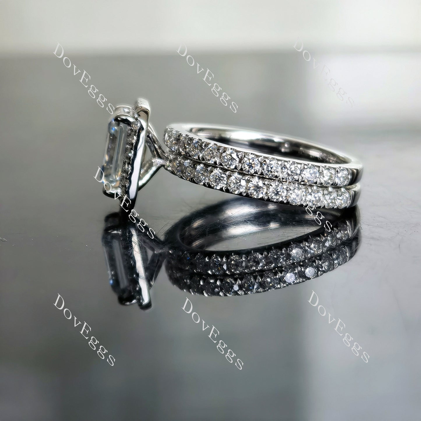 Doveggs 2ct emerald center 3.17cttw light blue halo pave silver moissanite bridal set