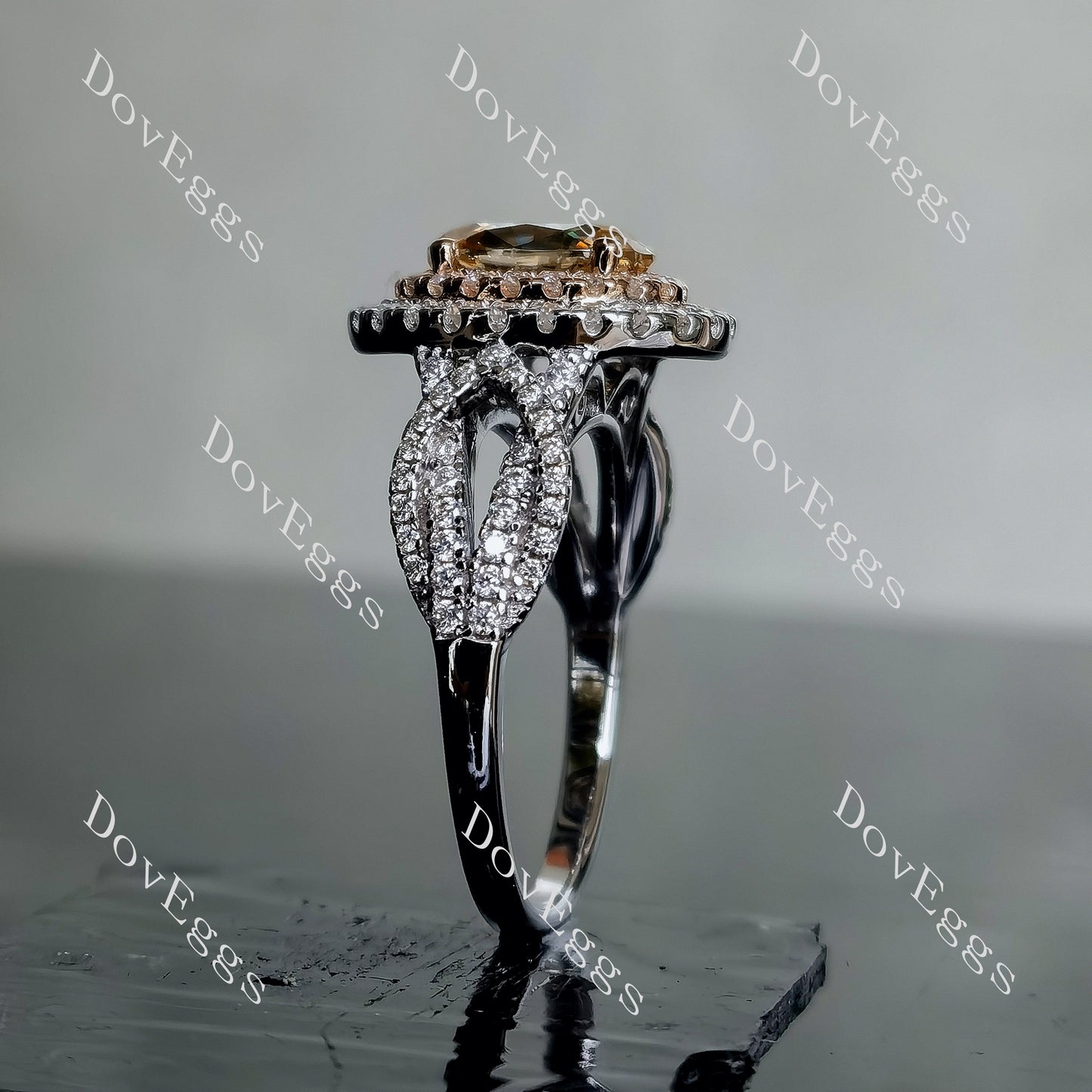 DovEggs 2ct oval 2.97cttw double halo champagne moissanite Engagement Ring