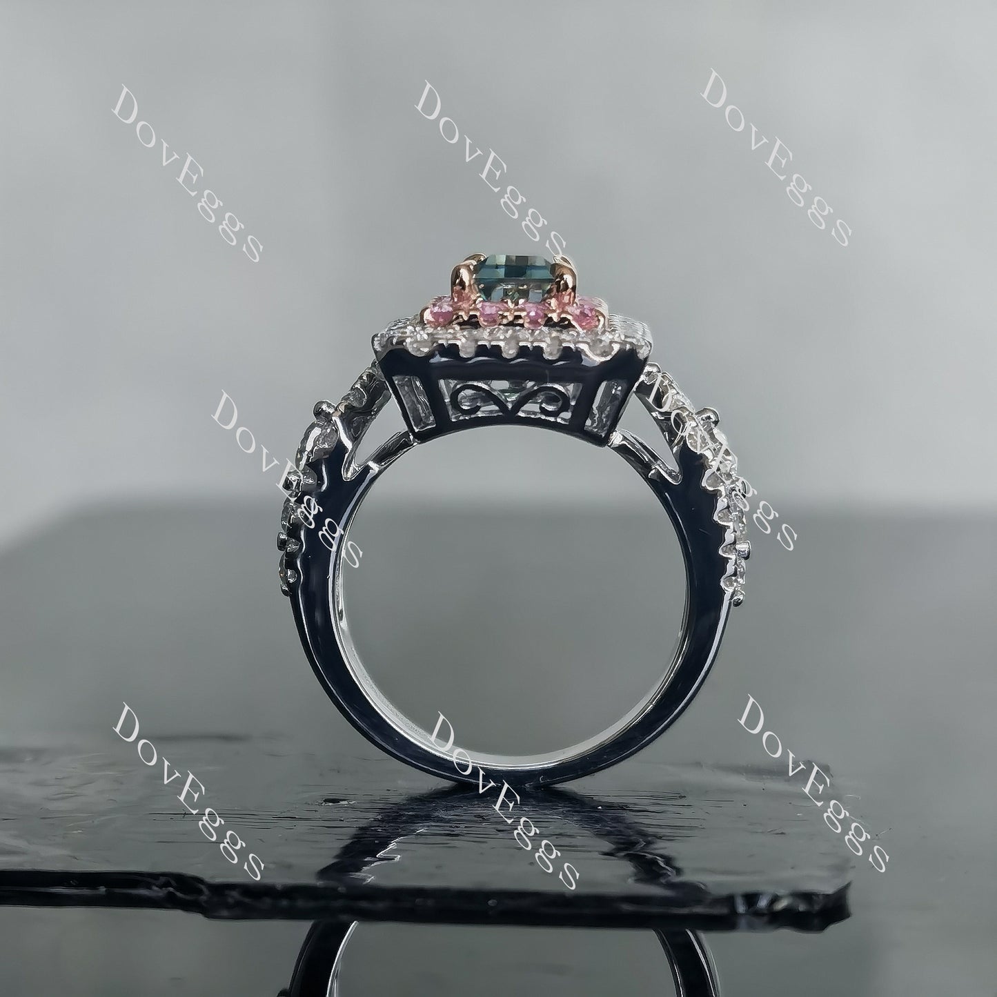 DovEggs 2ct emerald 3.82cttw double halo peacock blue moissanite Engagement Ring