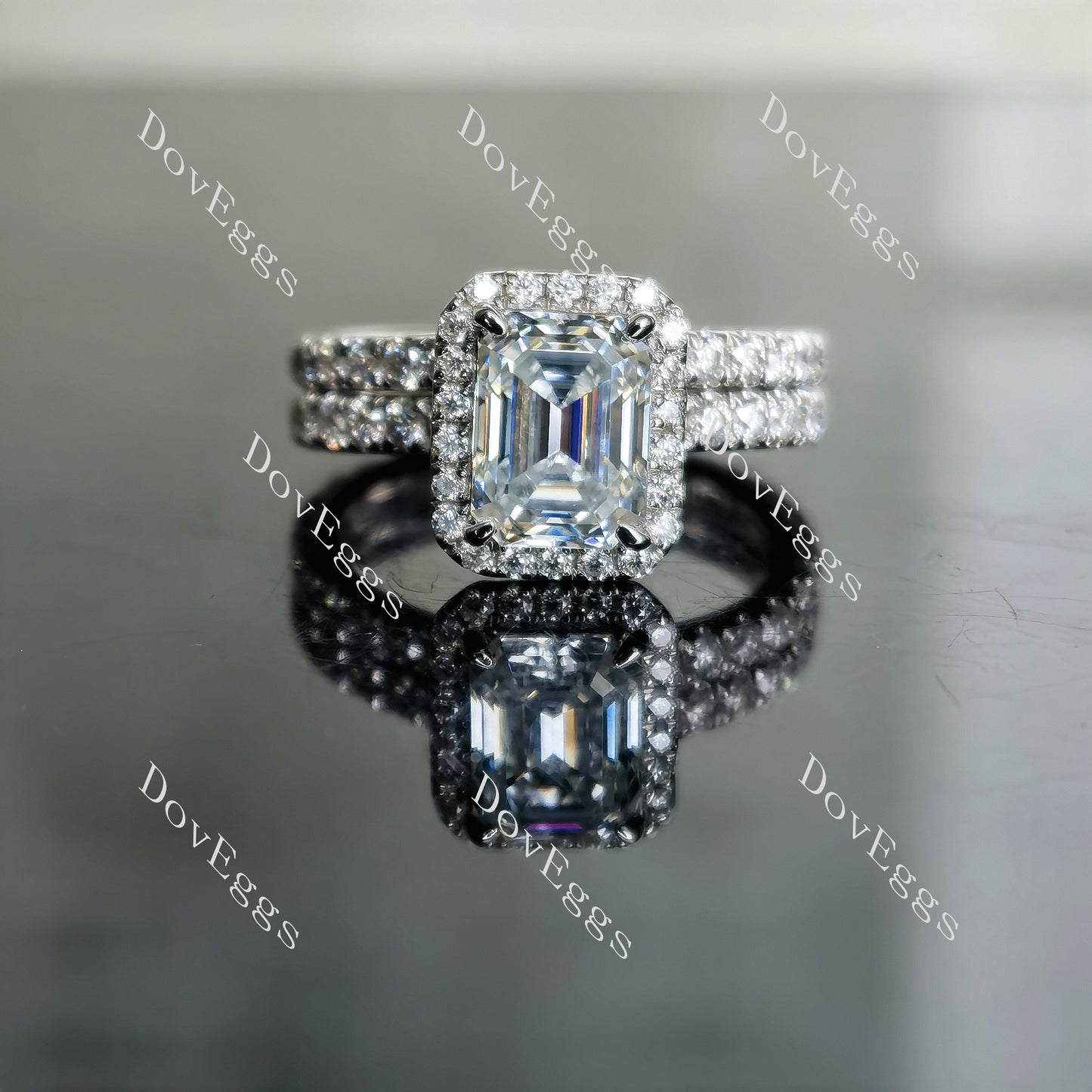 Doveggs 2ct emerald center 3.17cttw light blue halo pave silver moissanite bridal set