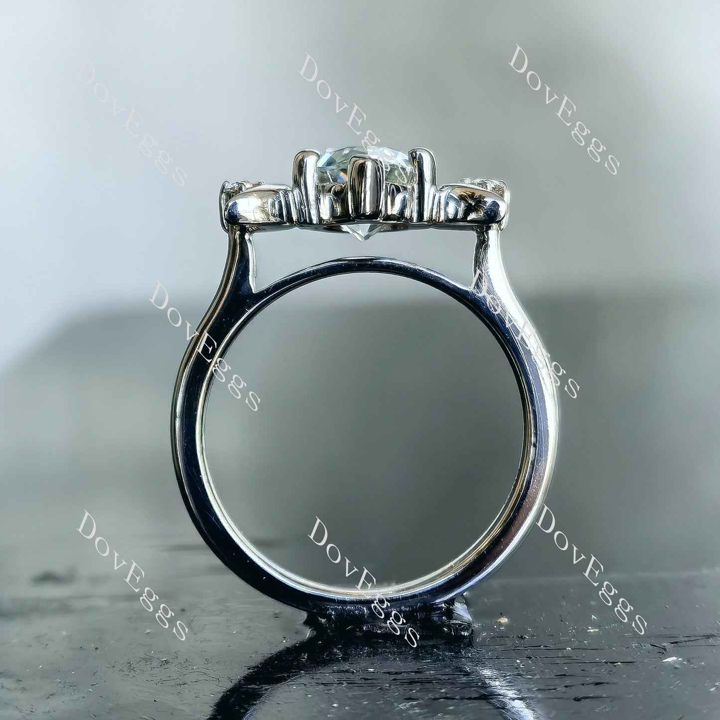Doveggs 3ct pear center 3.04cttw light blue half moon art deco silver moissanite ring