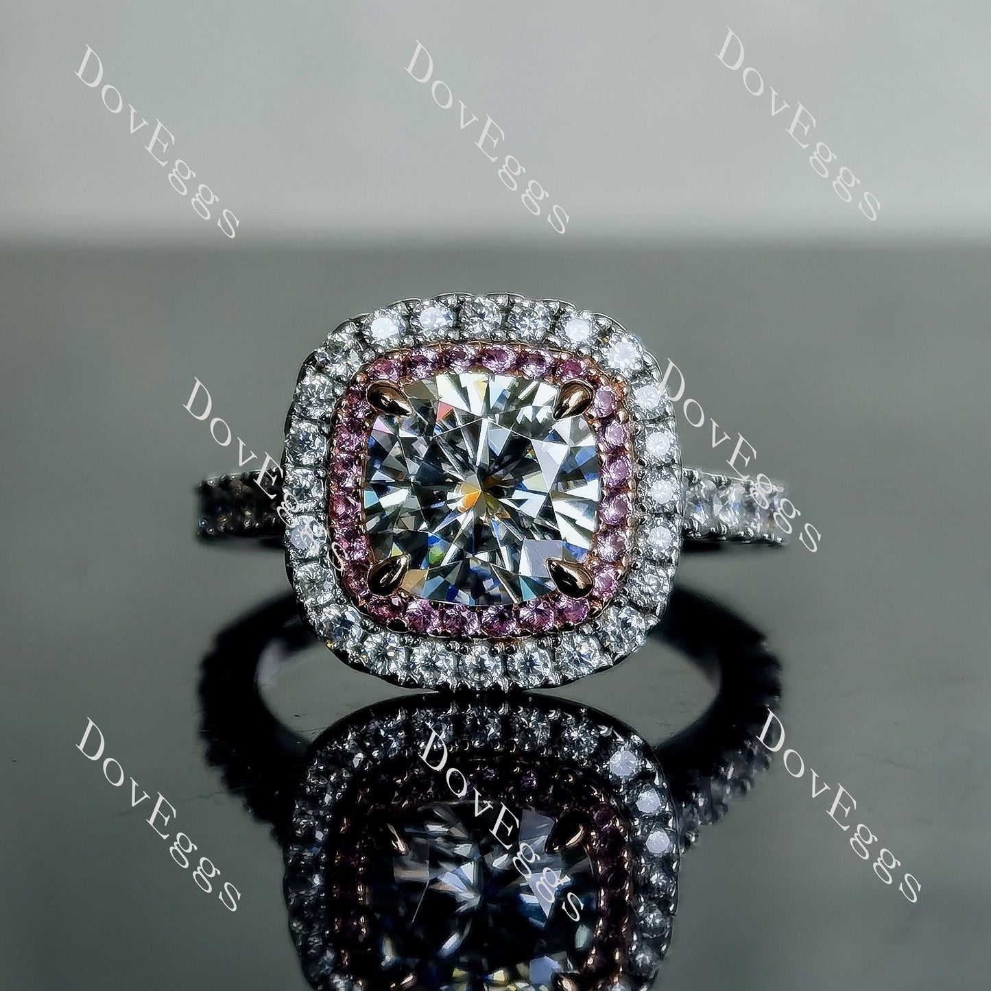 DovEggs 2ct cushion 2.95cttw double halo light blue moissanite Engagement Ring