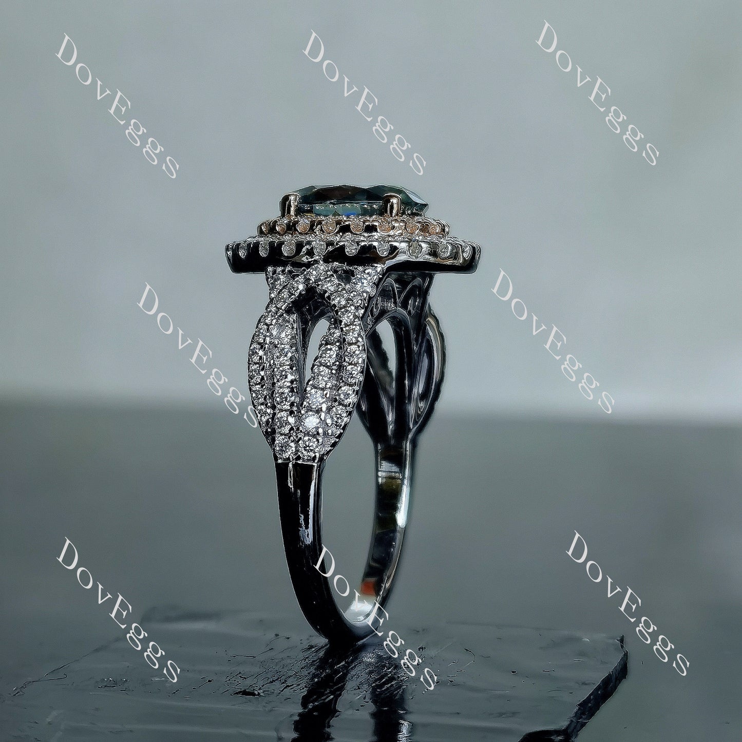 DovEggs 2ct oval 2.97cttw double halo peacock blue moissanite Engagement Ring