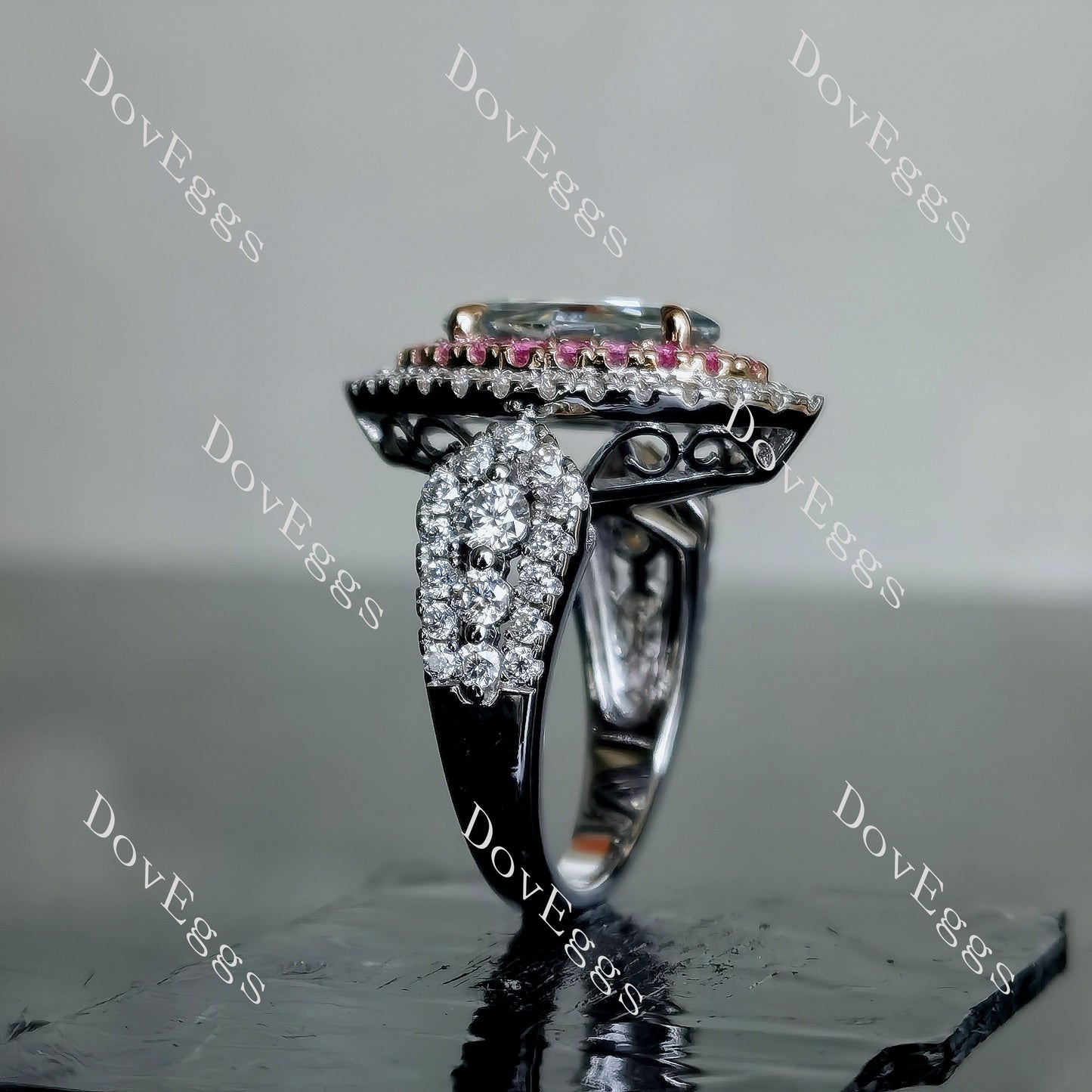 DovEggs 2ct marquise 3.74cttw double halo peacock blue moissanite Engagement Ring