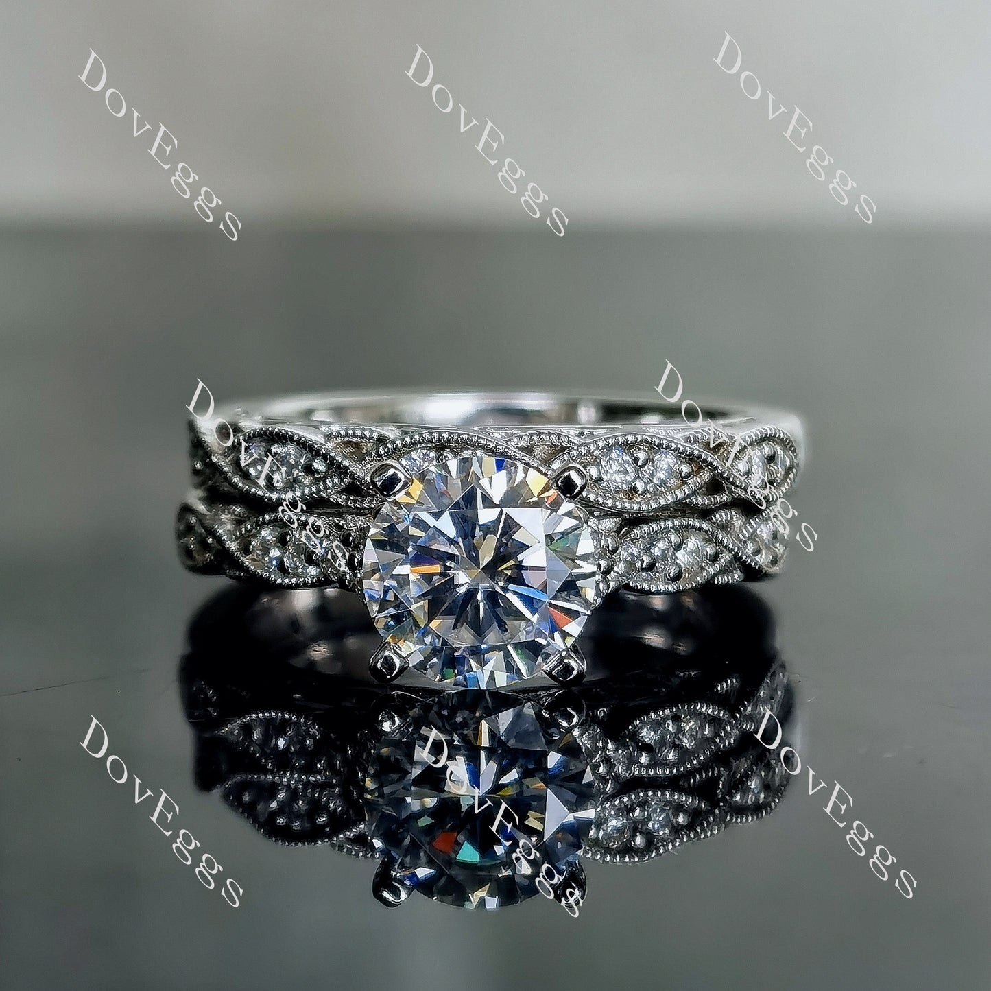 DovEggs 1.5ct (G-H-I) Color Round Vintage moissanite Engagement Ring/Bridal set (Amazon clearance)