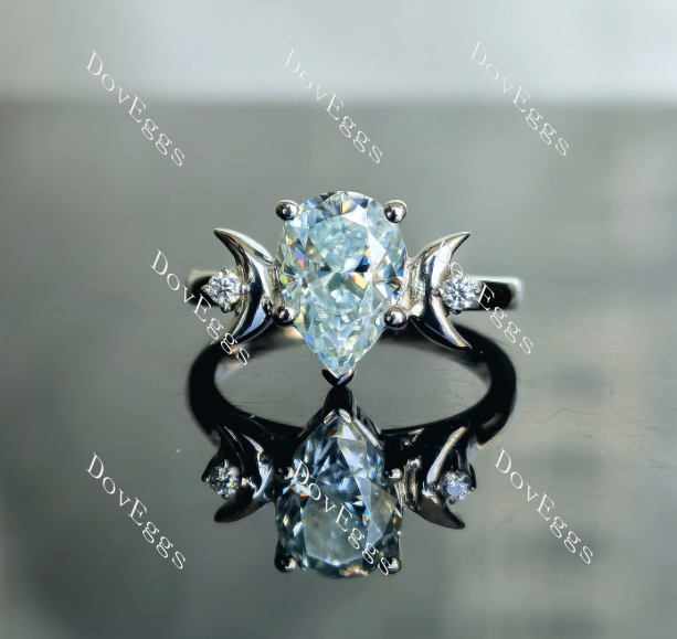 Doveggs 3ct pear center 3.04cttw light blue half moon art deco silver moissanite ring