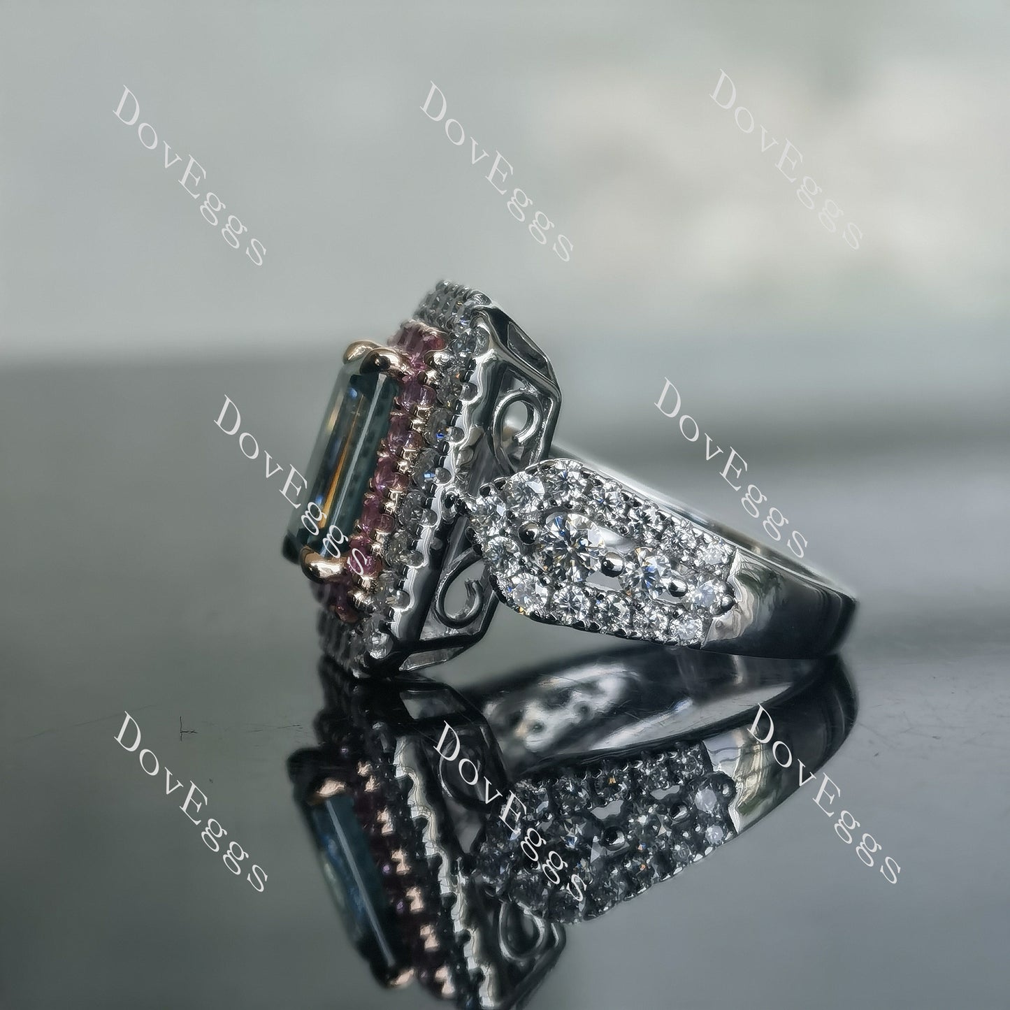 DovEggs 2ct emerald 3.82cttw double halo peacock blue moissanite Engagement Ring