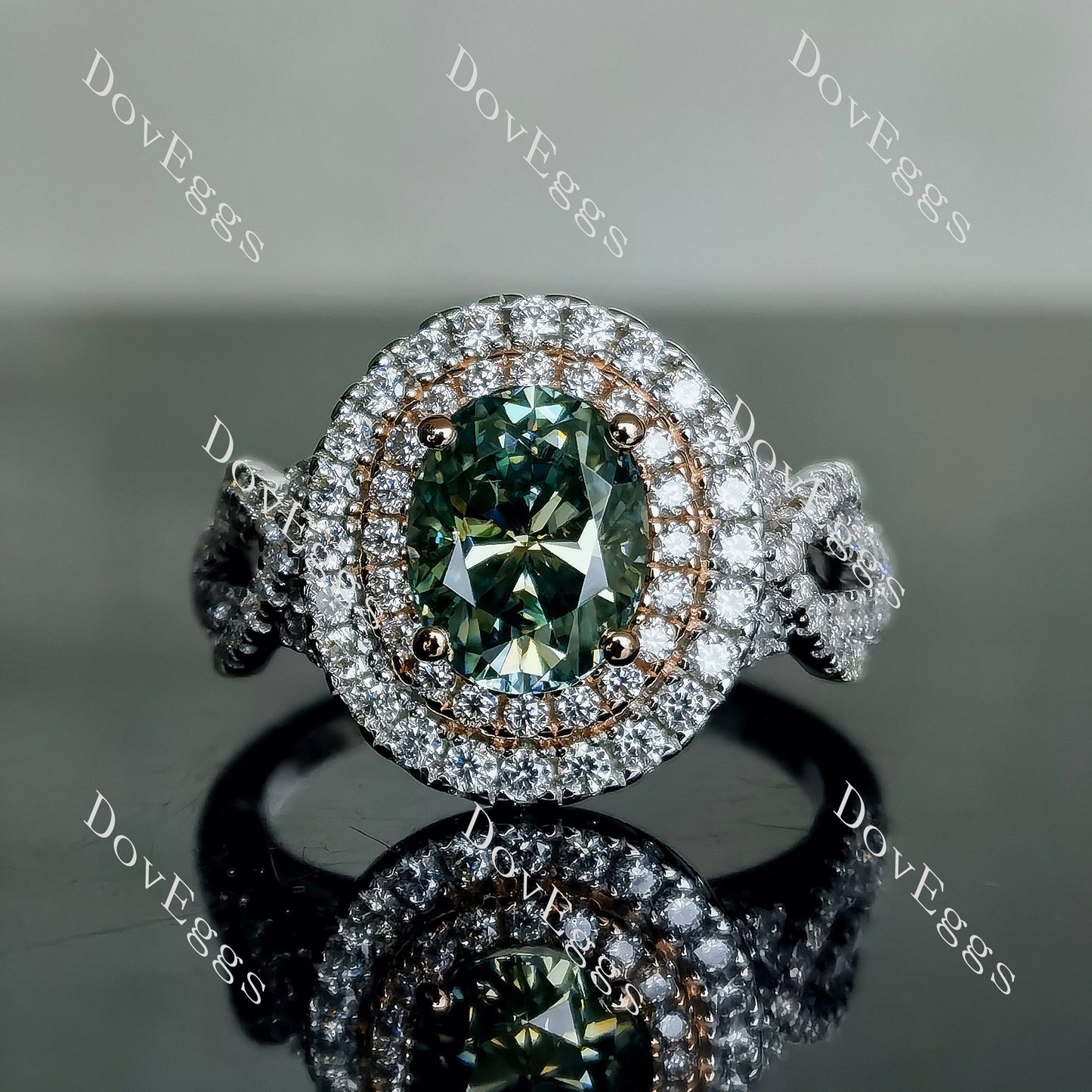 DovEggs 2ct oval 2.97cttw double halo peacock blue moissanite Engagement Ring