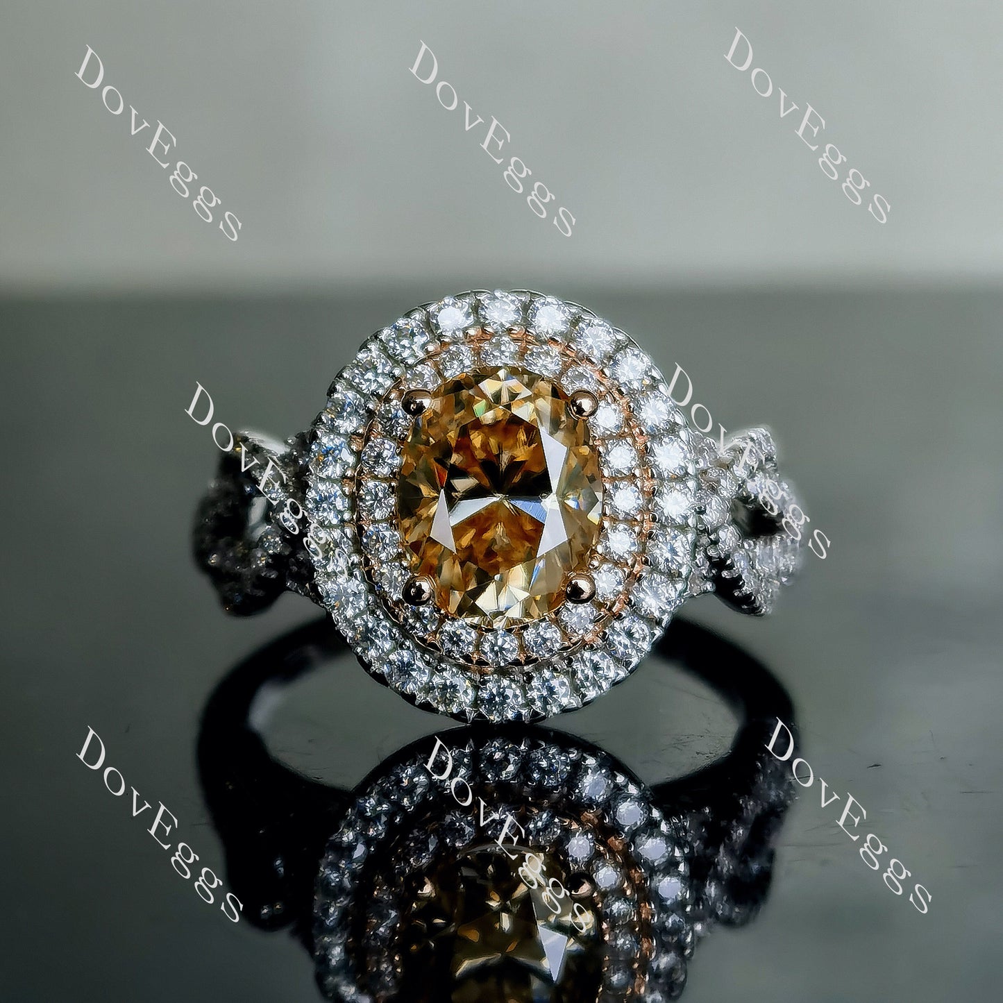 DovEggs 2ct oval 2.97cttw double halo champagne moissanite Engagement Ring
