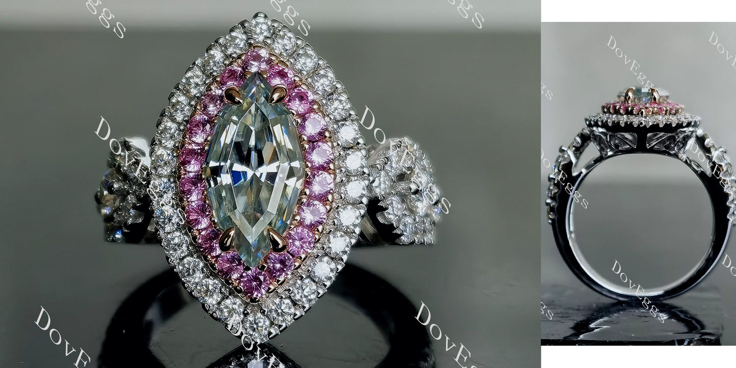 DovEggs 2ct marquise 3.74cttw double halo peacock blue moissanite Engagement Ring
