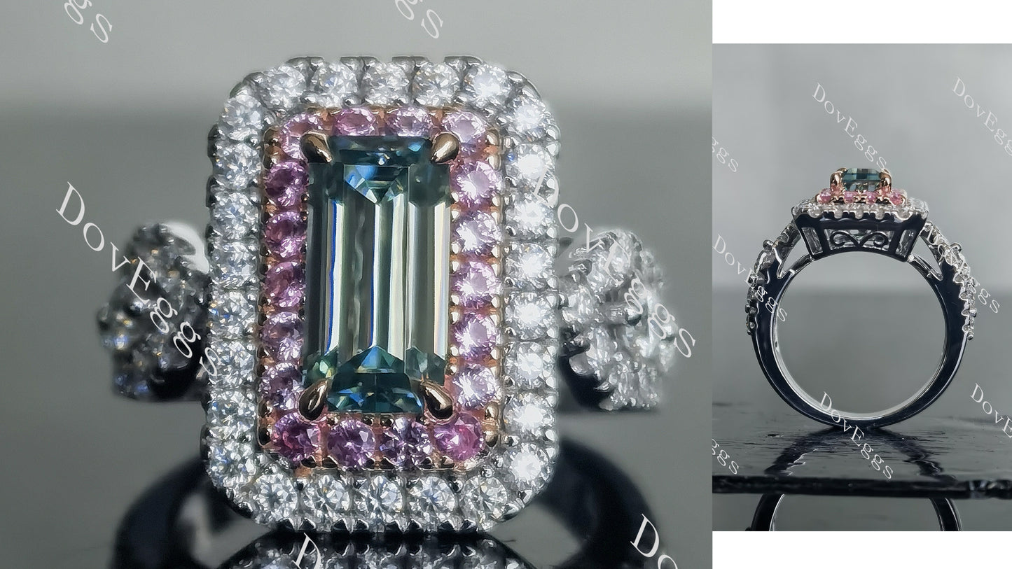 DovEggs 2ct emerald 3.82cttw double halo peacock blue moissanite Engagement Ring