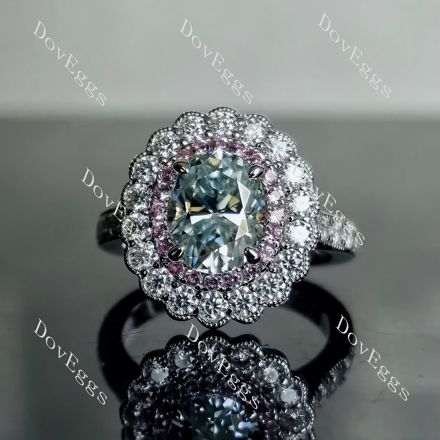 DovEggs 2ct oval 3.35cttw double halo peacock blue moissanite Engagement Ring