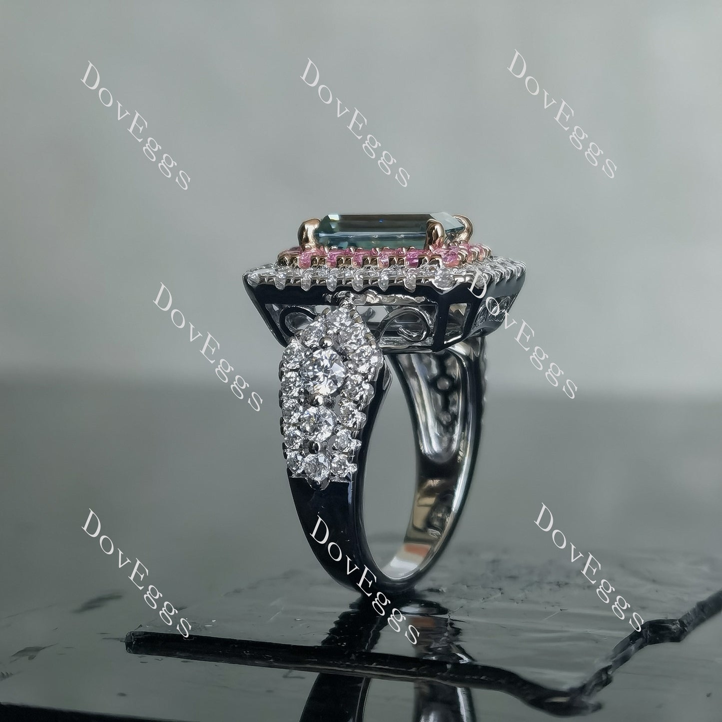 DovEggs 2ct emerald 3.82cttw double halo peacock blue moissanite Engagement Ring