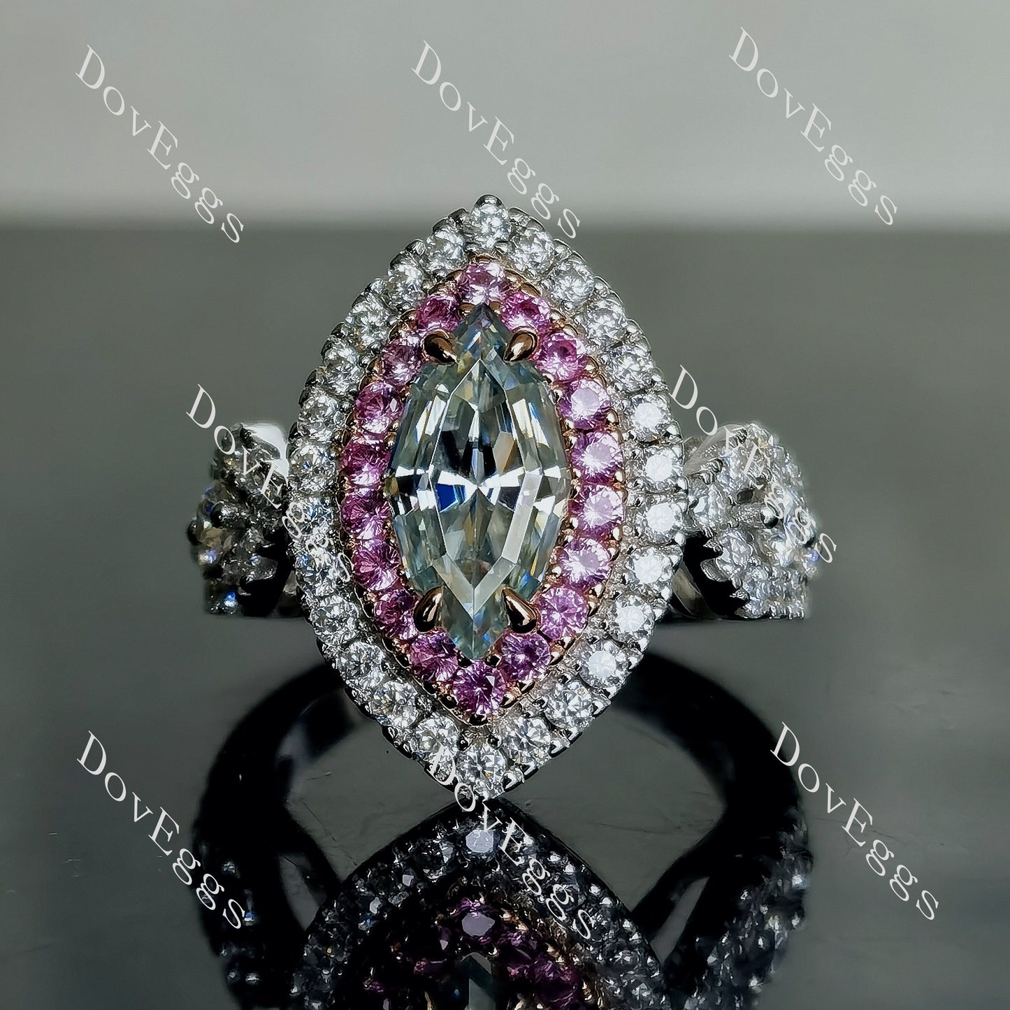 DovEggs 2ct marquise 3.74cttw double halo peacock blue moissanite Engagement Ring
