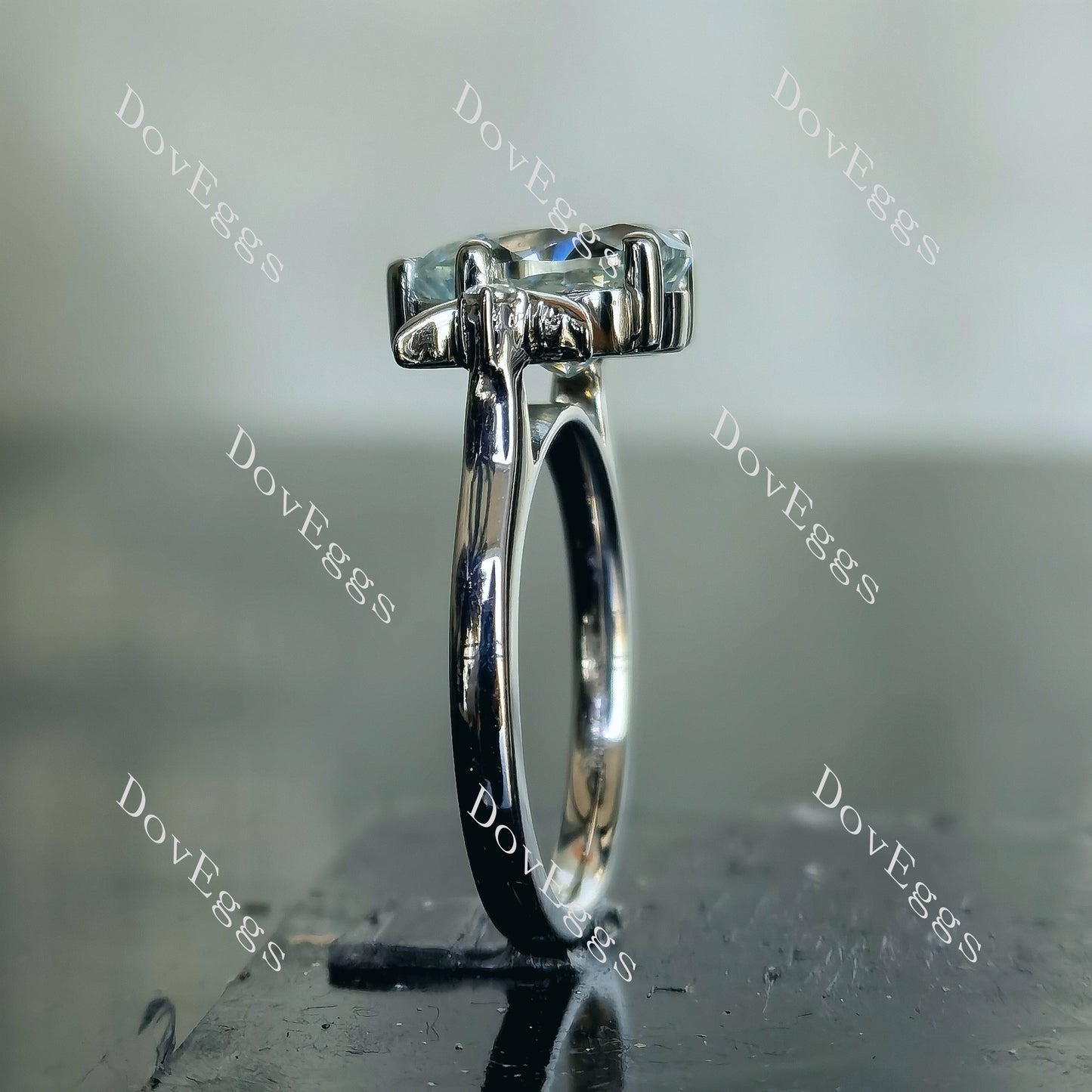 Doveggs 3ct pear center 3.04cttw light blue half moon art deco silver moissanite ring