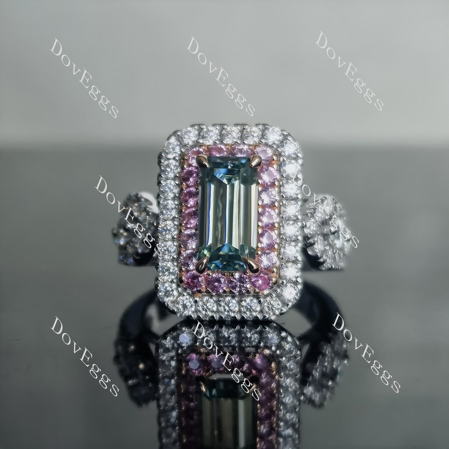 DovEggs 2ct emerald 3.82cttw double halo peacock blue moissanite Engagement Ring