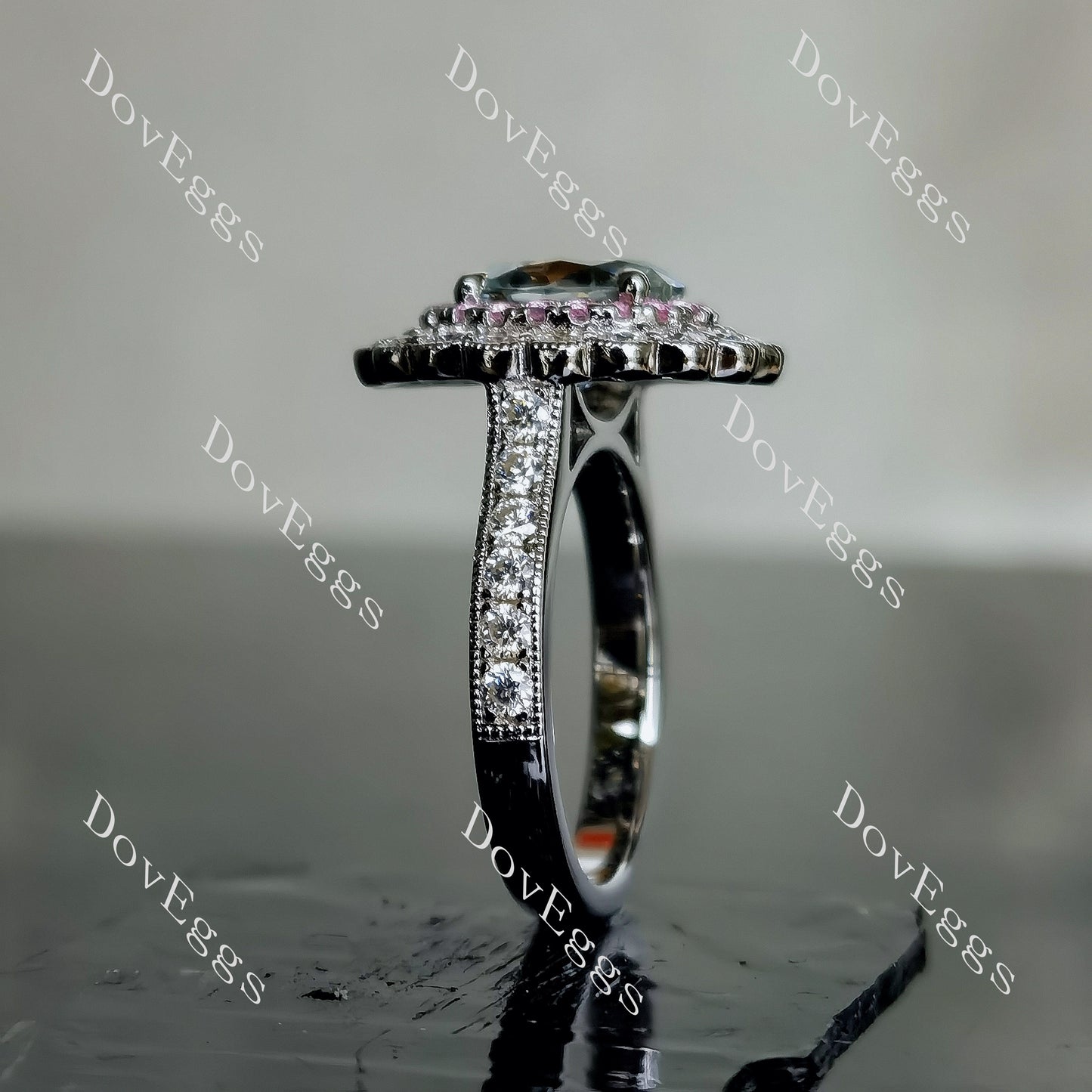 DovEggs 2ct oval 3.35cttw double halo peacock blue moissanite Engagement Ring