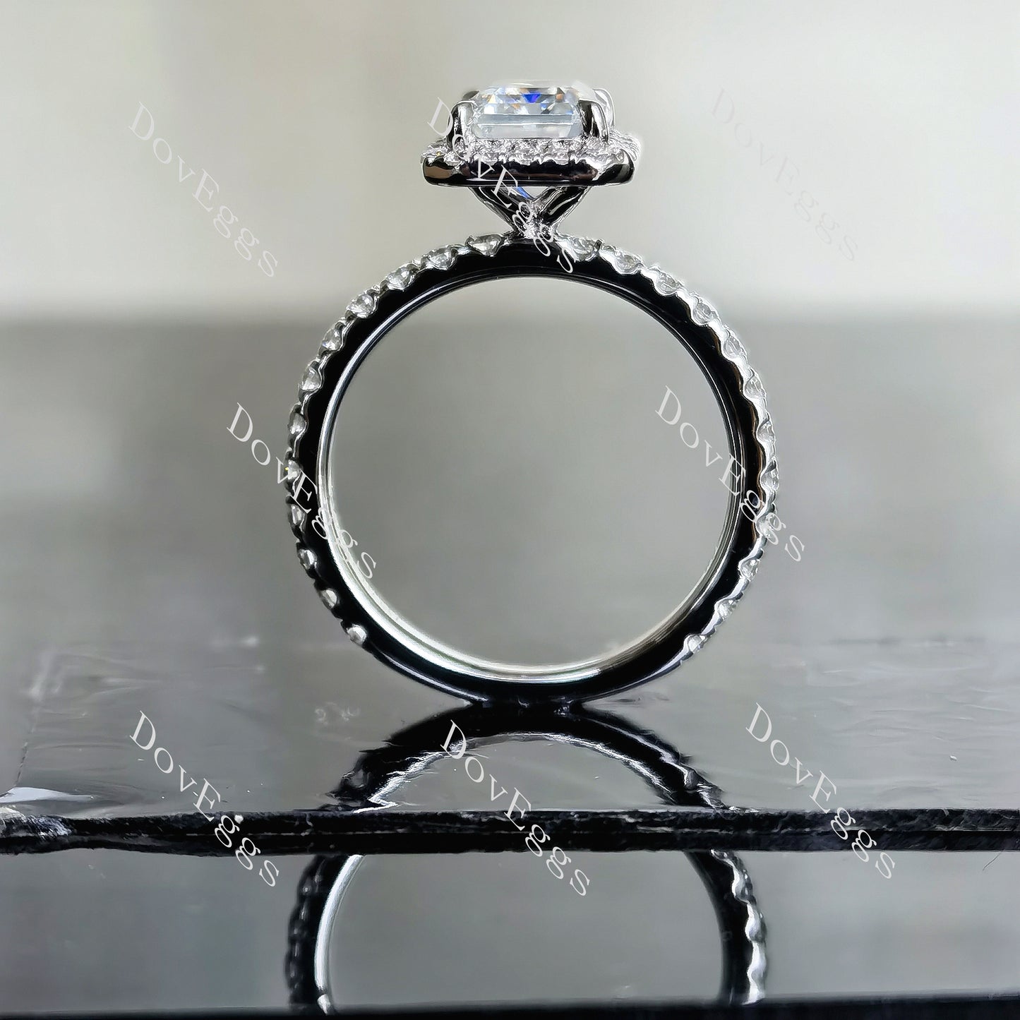 Doveggs 2ct emerald center 3.17cttw light blue halo pave silver moissanite bridal set