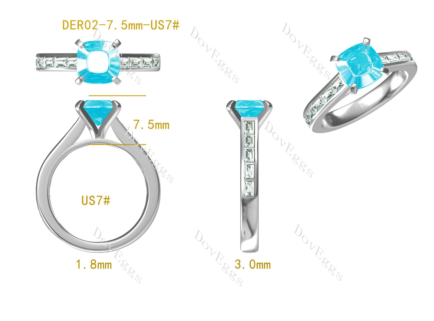 Doveggs 2ct cushion center light blue channel set silver moissanite ring