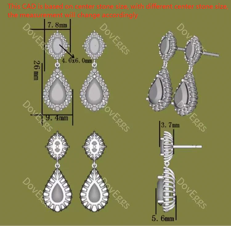 Doveggs 2ct pear 0.5ct oval 5.9cttw G-H-I color sterling silver moissanite earrings