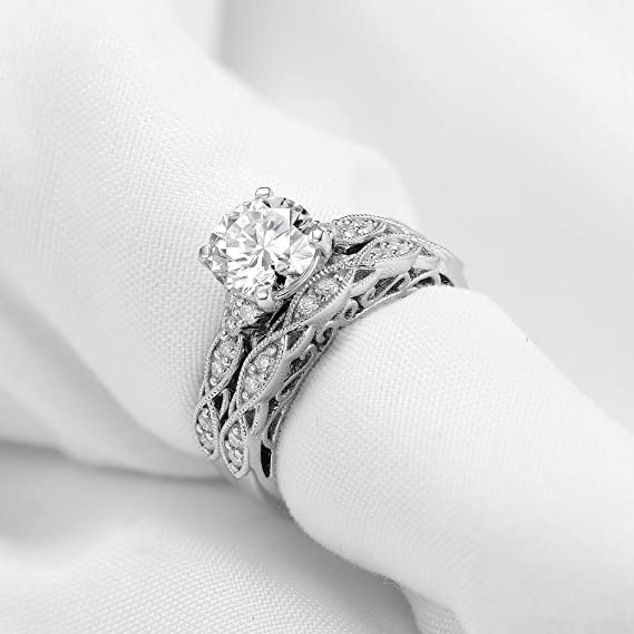DovEggs 1.5ct (G-H-I) Color Round Vintage moissanite Engagement Ring/Bridal set (Amazon clearance)