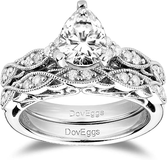 DovEggs 1.5ct (G-H-I) Color Pear Vintage moissanite Engagement Ring/Bridal Set (Amazon clearance)