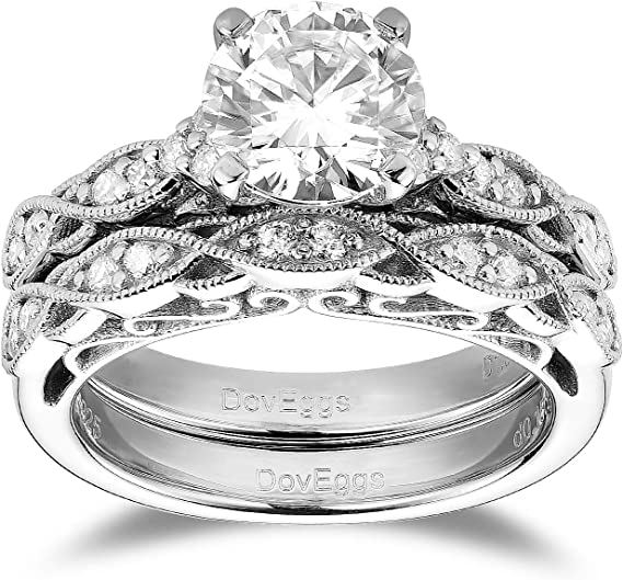 DovEggs 1.5ct (G-H-I) Color Round Vintage moissanite Engagement Ring/Bridal set (Amazon clearance)