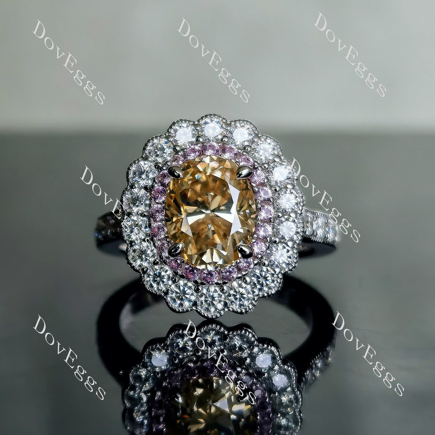 DovEggs 2ct oval 3.35cttw double halo champagne moissanite Engagement Ring