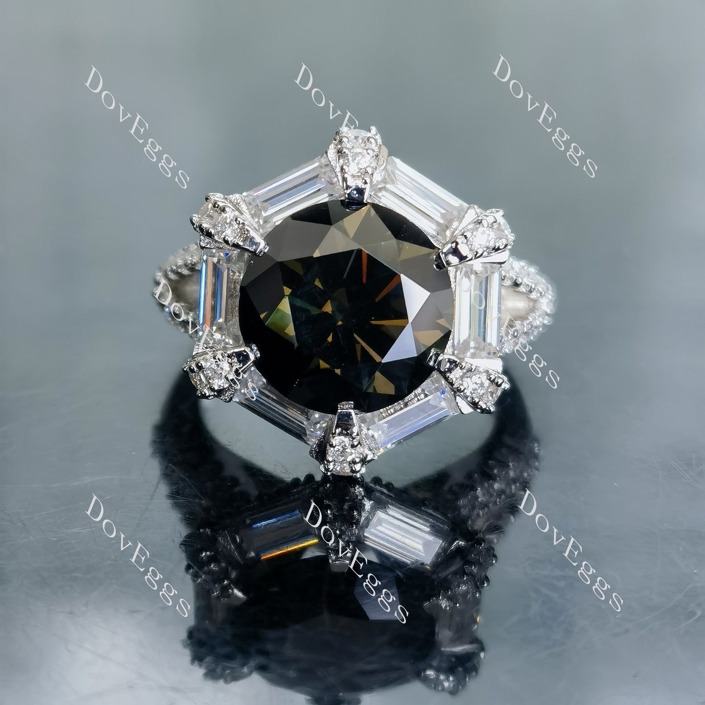 Doveggs 5ct round center deep black green halo pave split shank silver moissanite ring