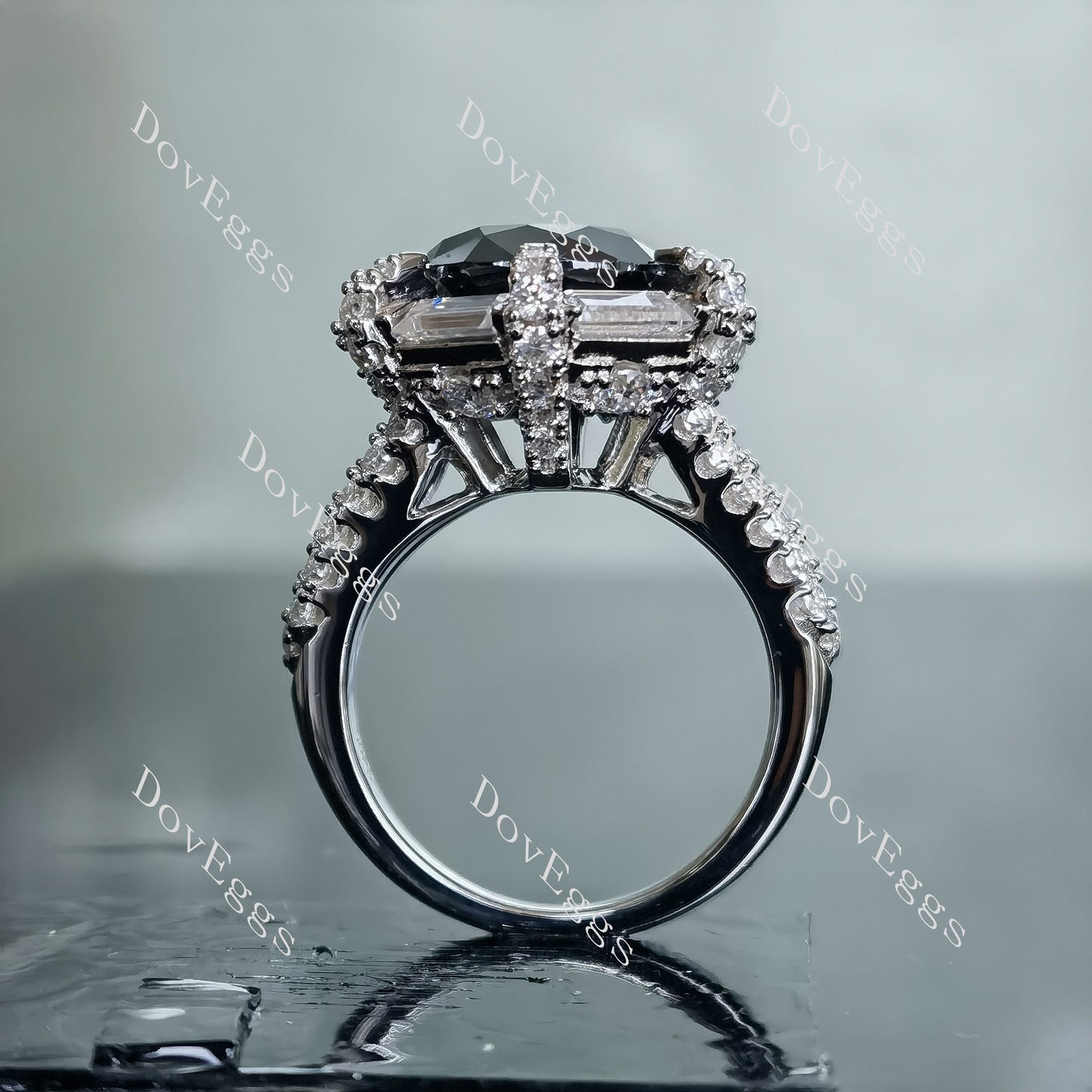 Doveggs 5ct round center deep black green halo pave split shank silver moissanite ring