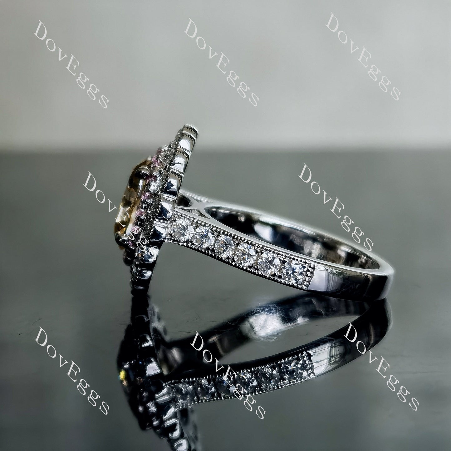 DovEggs 2ct oval 3.35cttw double halo champagne moissanite Engagement Ring