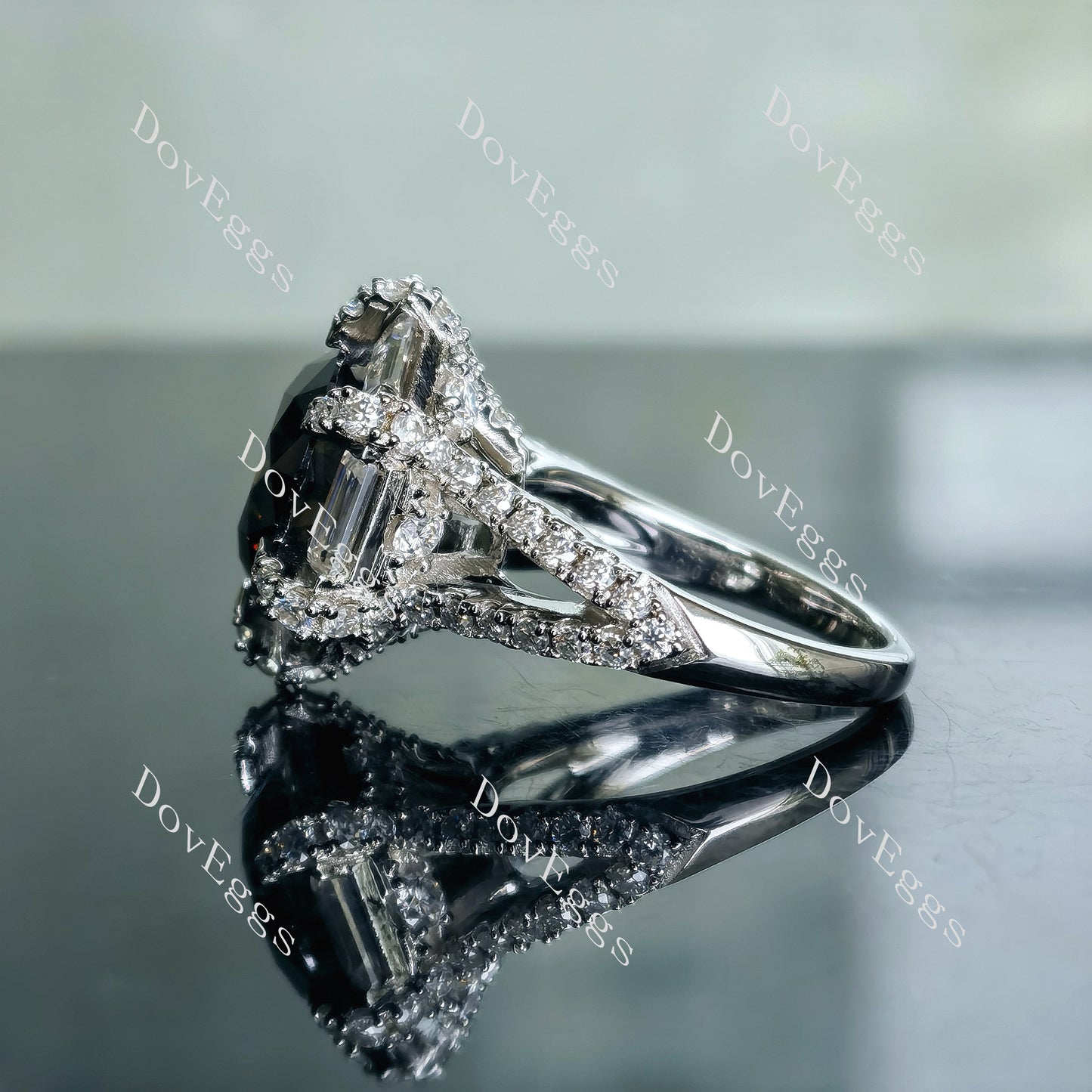 Doveggs 5ct round center deep black green halo pave split shank silver moissanite ring
