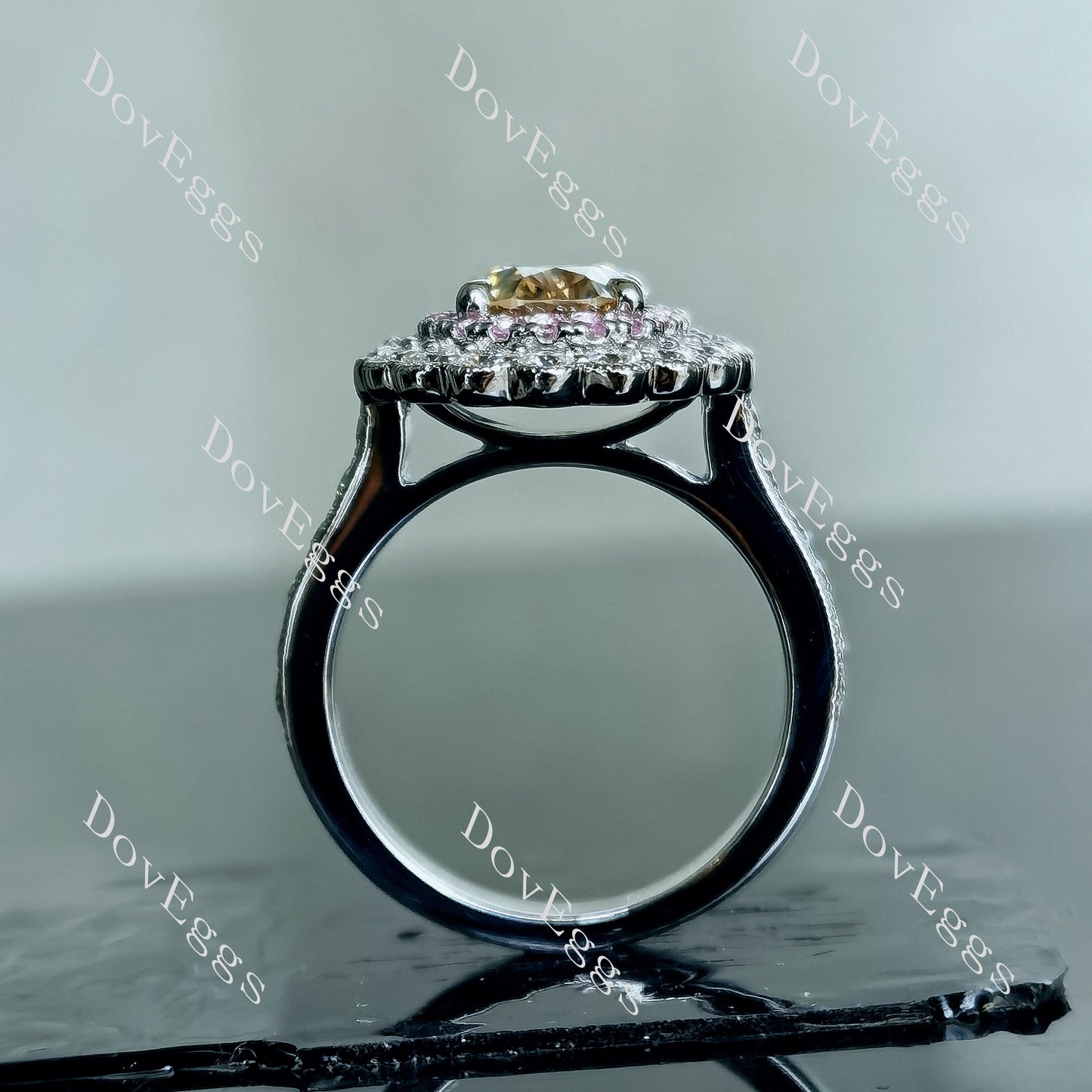 DovEggs 2ct oval 3.35cttw double halo champagne moissanite Engagement Ring