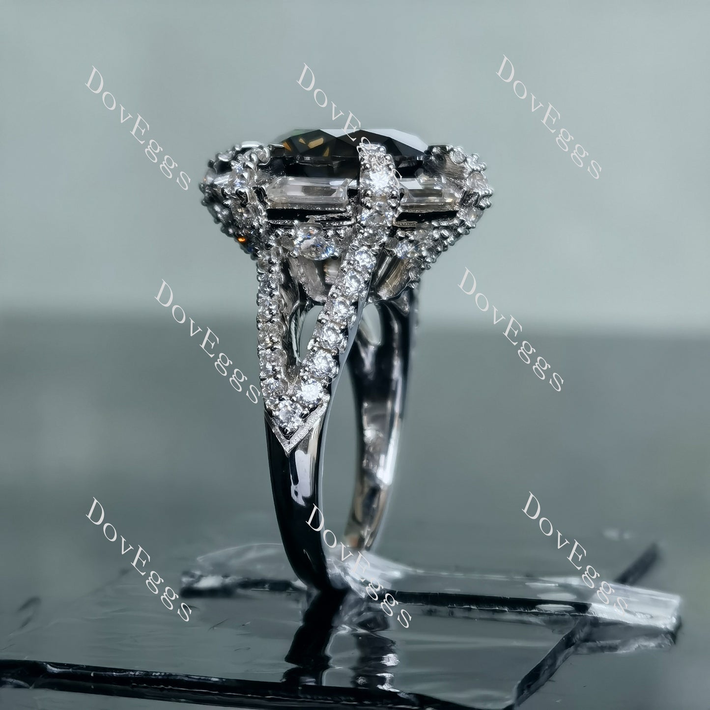 Doveggs 5ct round center deep black green halo pave split shank silver moissanite ring