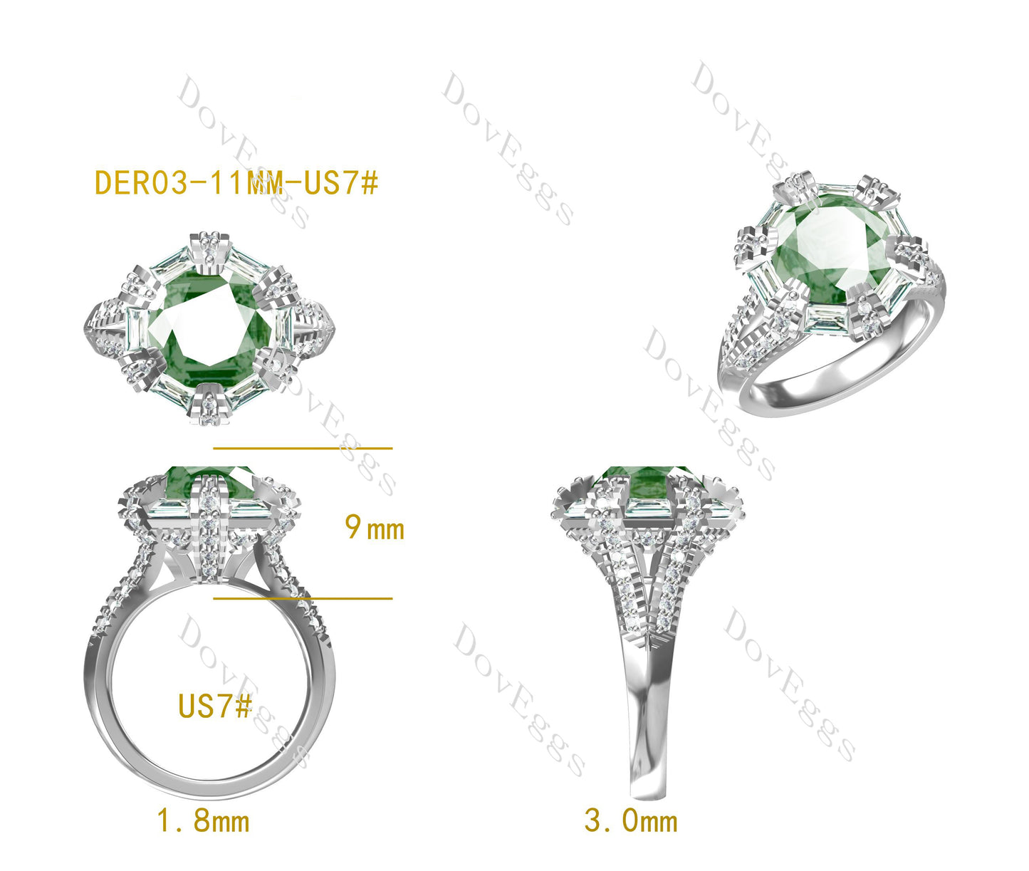 Doveggs 5ct round center deep black green halo pave split shank silver moissanite ring